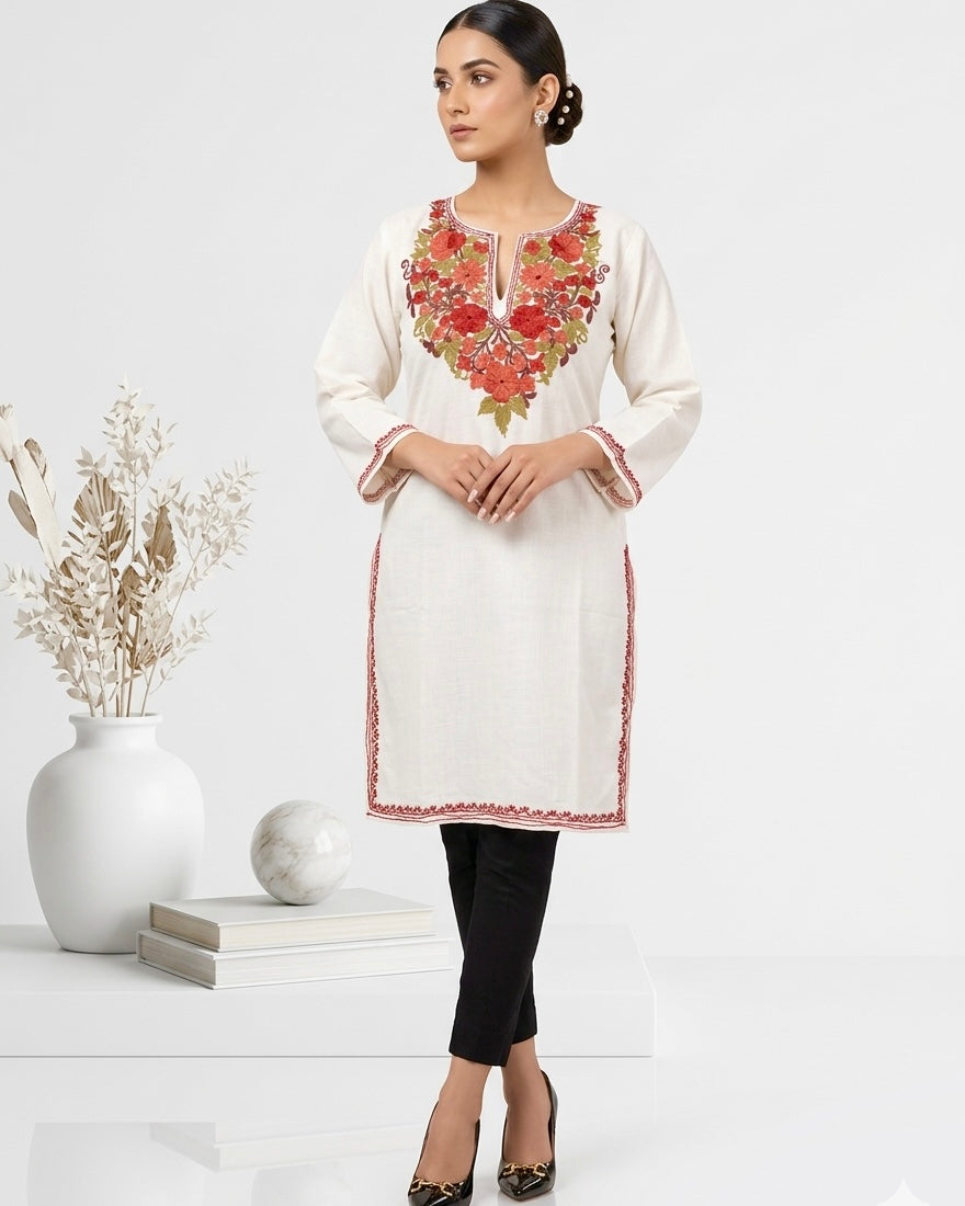 Kashmiri Ari Embroidered Long Cotton kurti