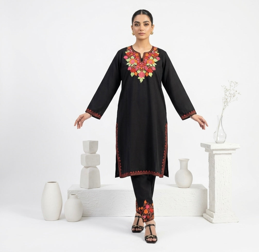 Black Ari Embroidery kashmiri Cotton kurta set
