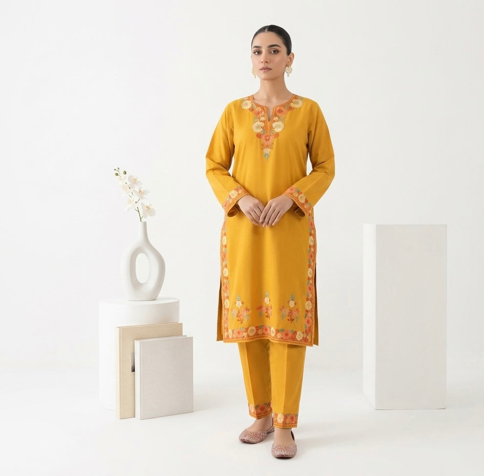 Mustard Kashmiri Ari Embroidered Cotton Kurta Set