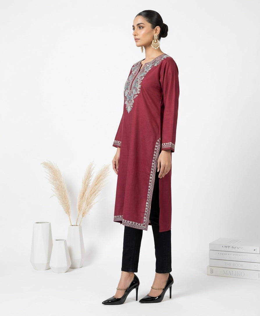 Kashmiri Ari Embroidered Maroon long Cotton kurti