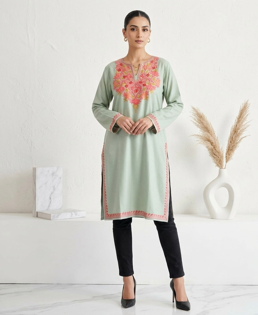 Kashmiri Ari Embroidered Sea Green Long Cotton Kurti