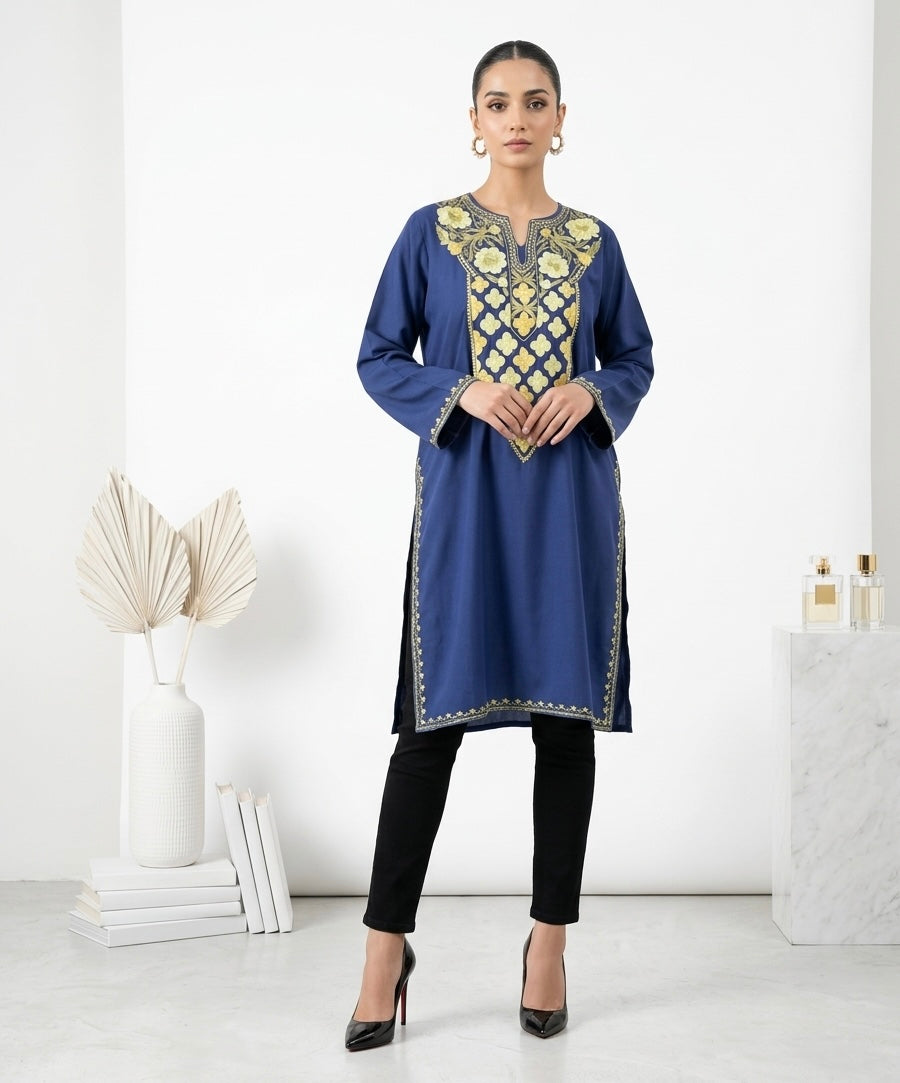 Kashmiri Ari Embroidered light Navy blue long Cotton kurti
