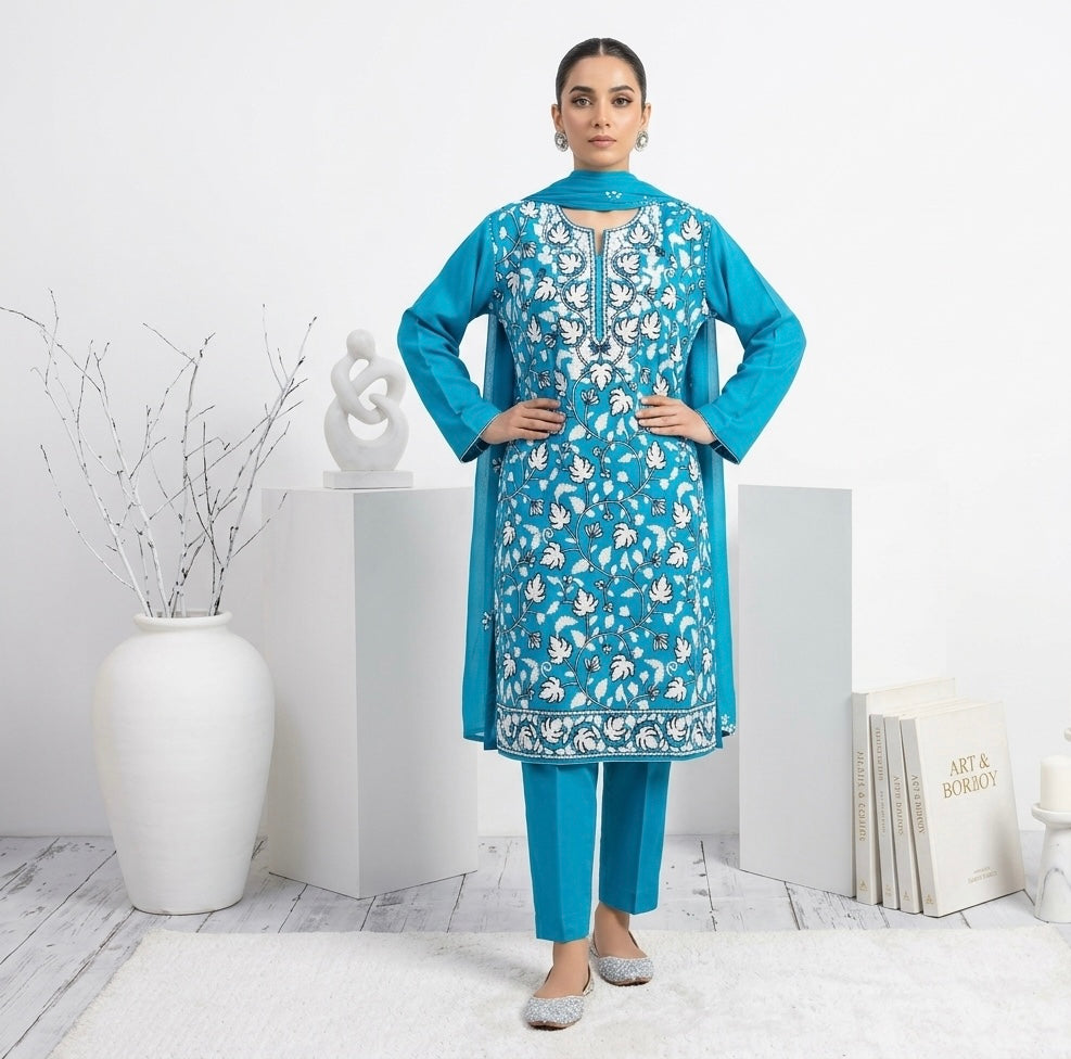 Sky blue Ari Embroidered Kashmiri Cotton suit with dupatta