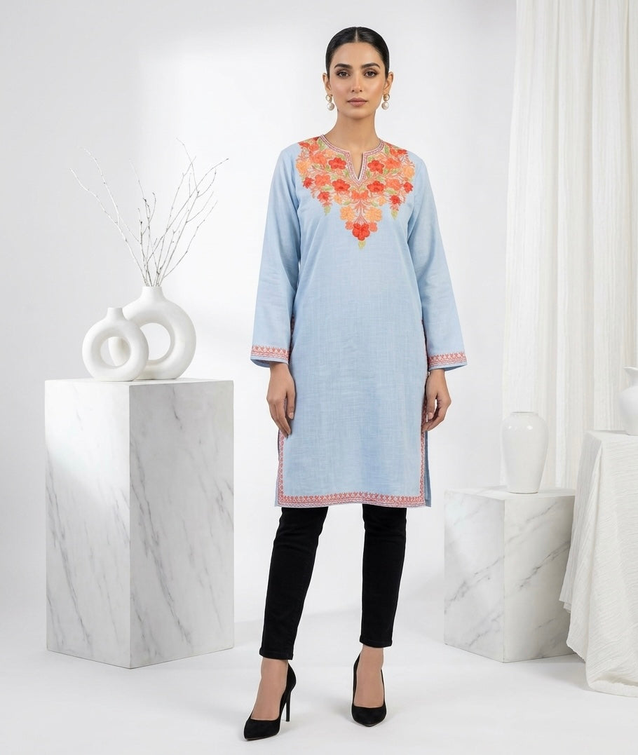 Kashmiri Ari Embroidered light blue long Cotton kurti