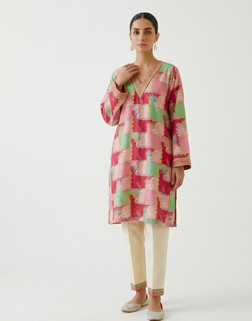 Multicolor Patchwork-Style Embroidered Kurta Set