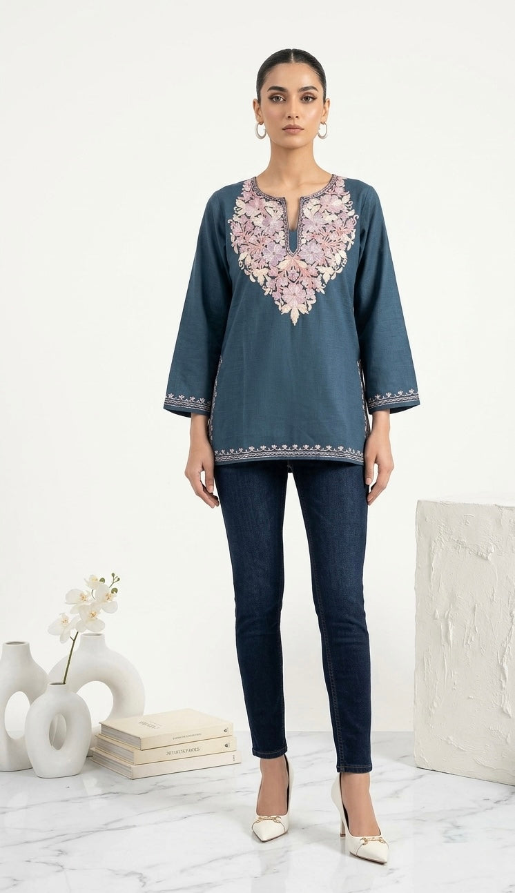 Kashmiri Ari Embroidered blue short Cotton kurti