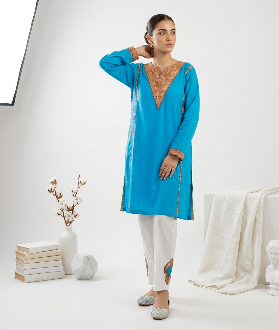 Blue Kashmiri Embroidered Silk Kurti Set with White Pants