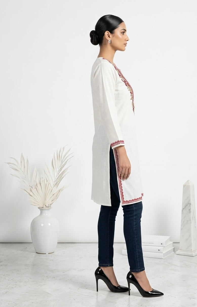 Kashmiri Ari Embroidered White long Cotton kurti