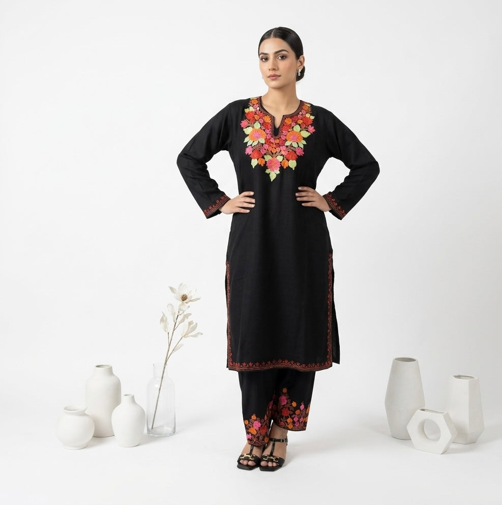 Black Ari Embroidery kashmiri Cotton kurta set