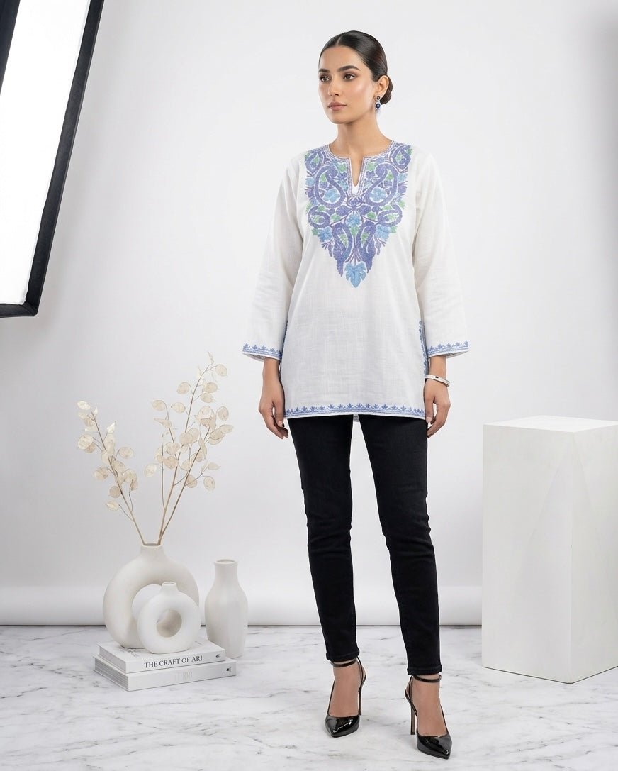 Kashmiri Ari Embroidered White Short Cotton Kurti