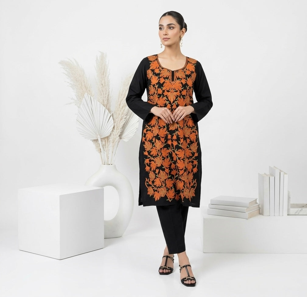 Black Ari Embroidered Kashmiri Cotton Kurta Set