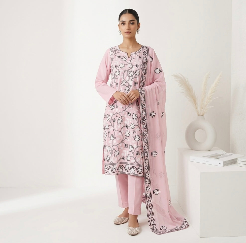 Light Pink Kashmiri Ari Embroidered Cotton Suit with Dupatta