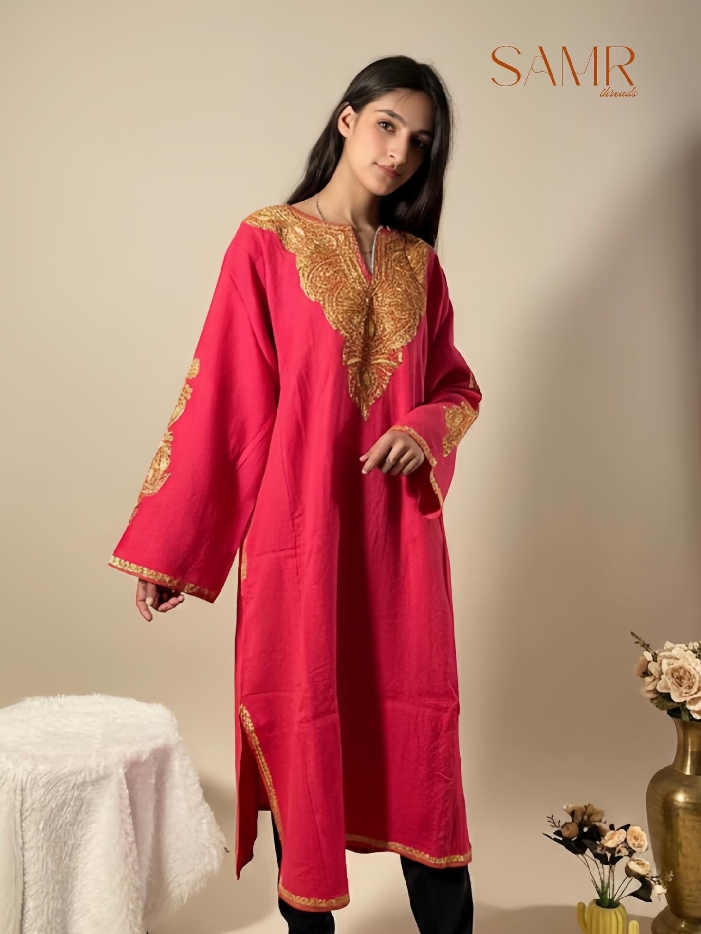Kashmiri Golden Tilla embroidered Deep pink woollen Phiran