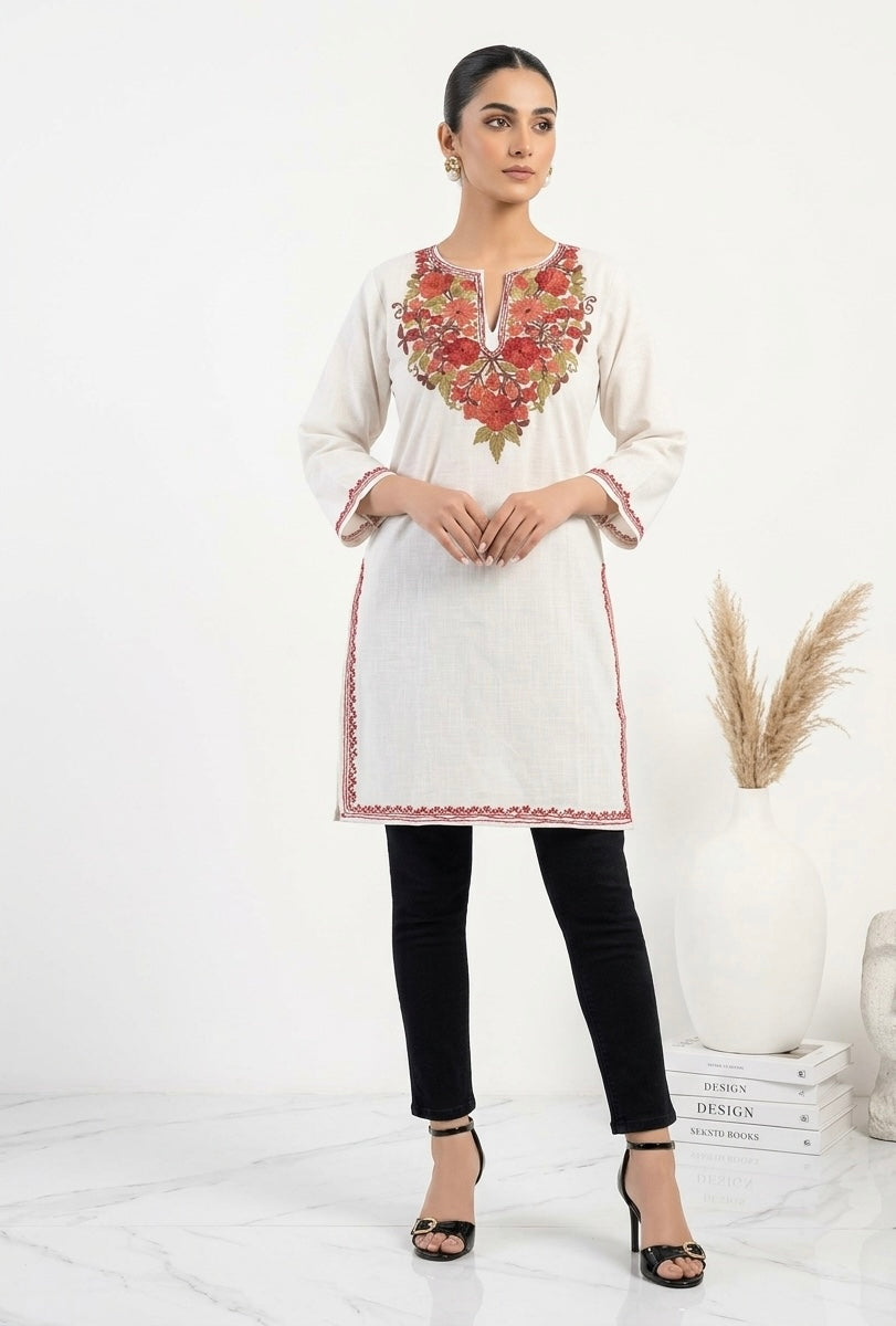 Kashmiri Ari Embroidered White long Cotton kurti