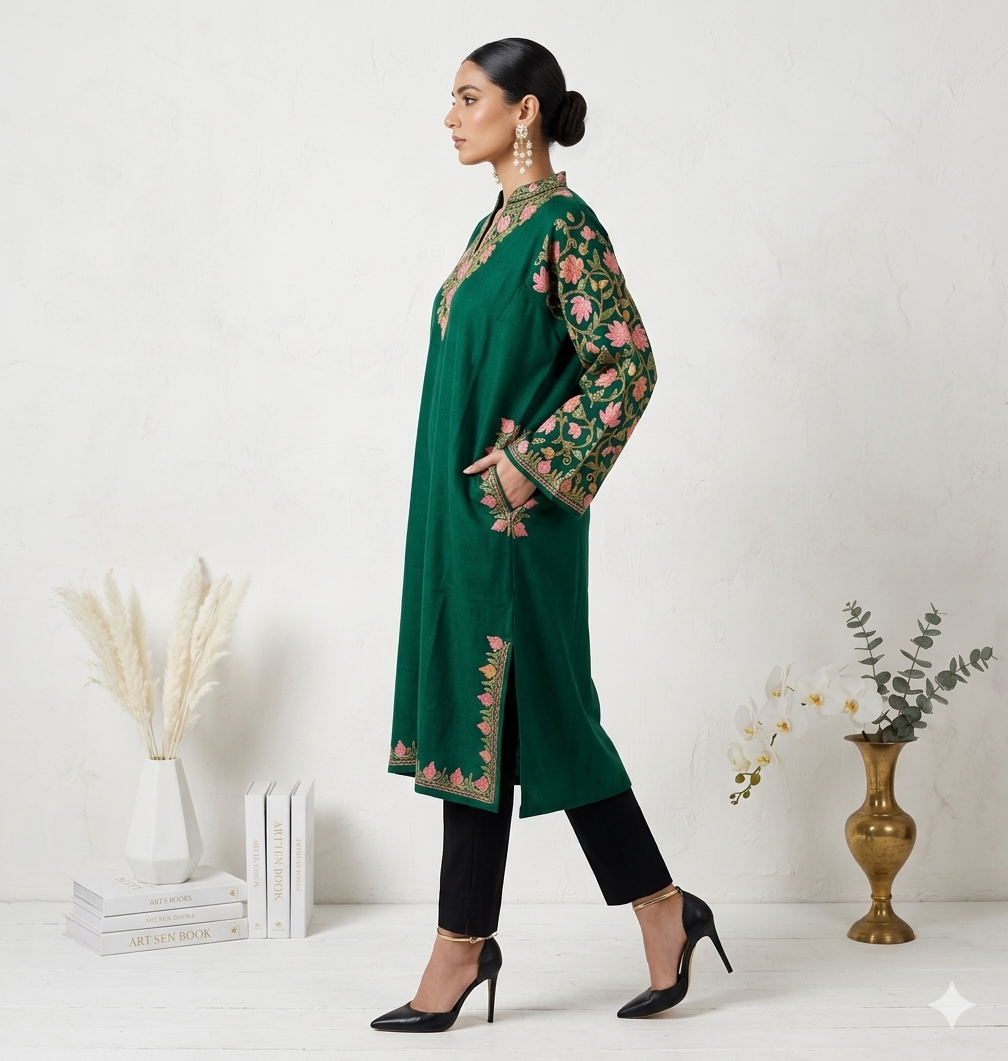 Kashmiri Ari Embroidered Green Wollen Pheran