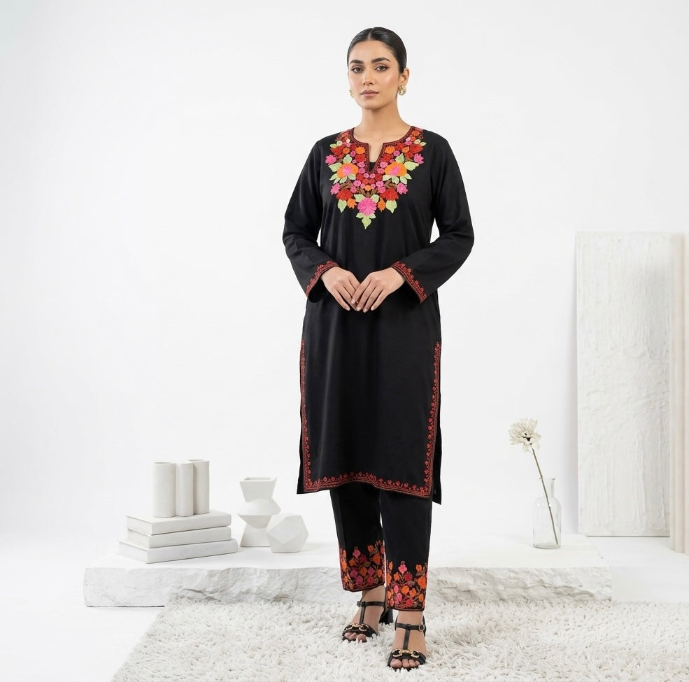 Black Ari Embroidery kashmiri Cotton kurta set