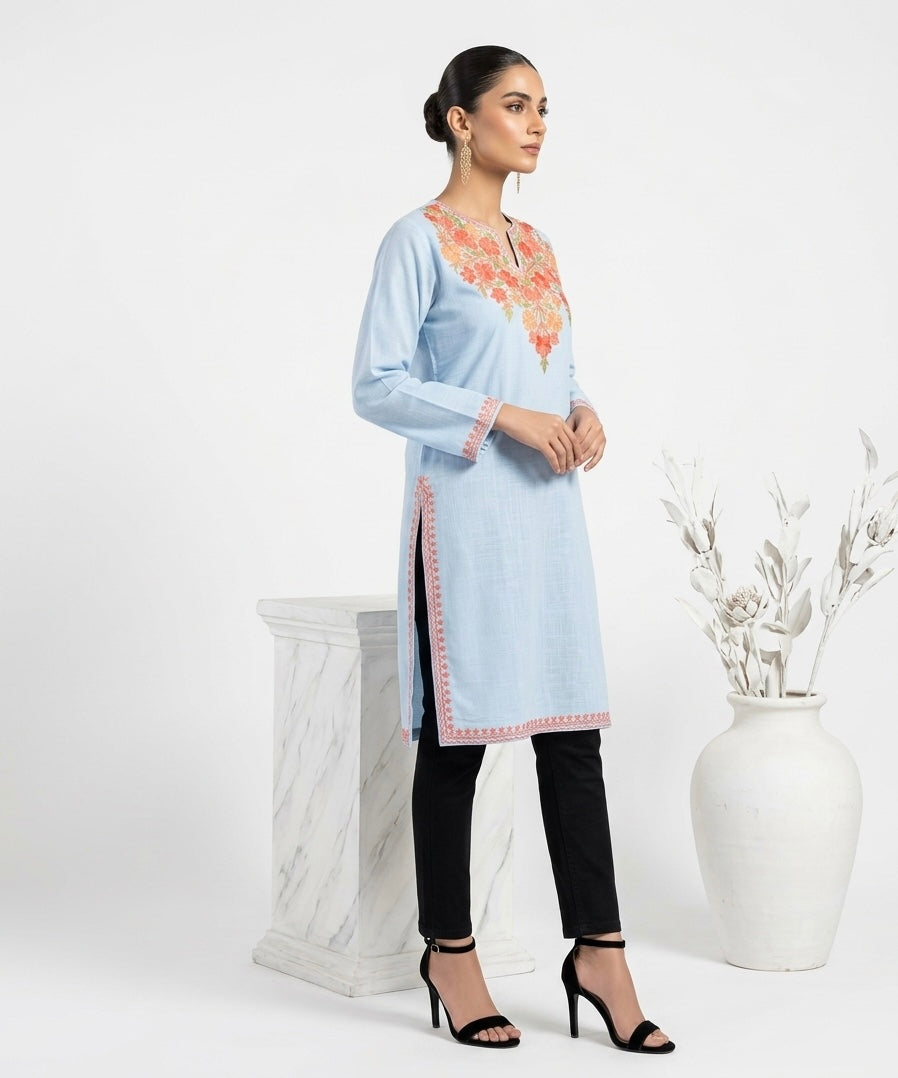 Kashmiri Ari Embroidered light blue long Cotton kurti