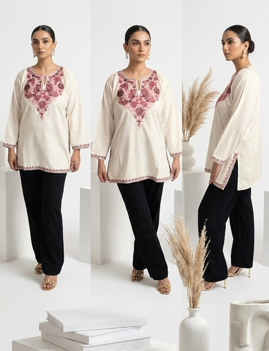 Kashmiri Ari Embroidered white short Cotton kurti