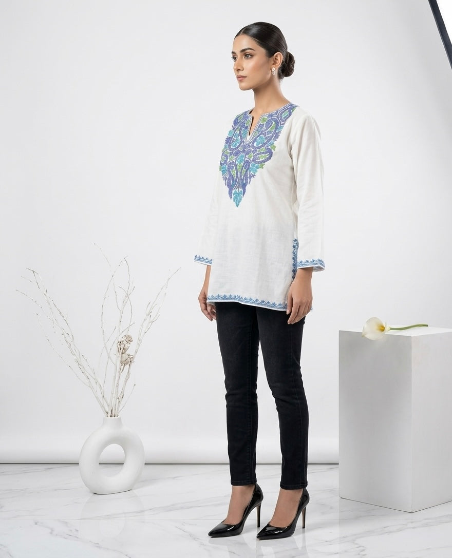 Kashmiri Ari Embroidered White Short Cotton Kurti