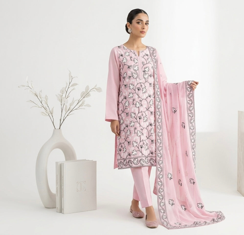 Light Pink Kashmiri Ari Embroidered Cotton Suit with Dupatta