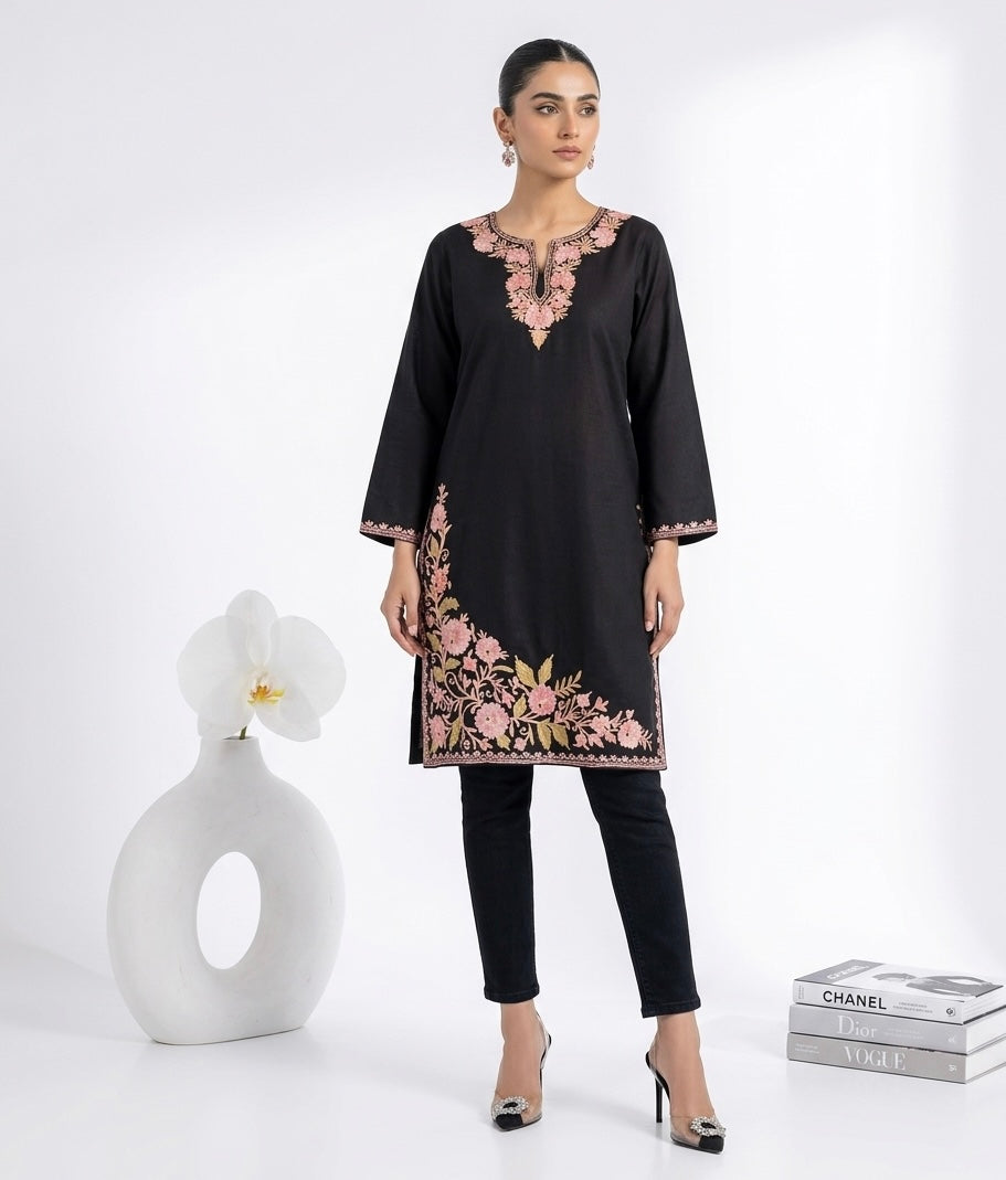 Kashmiri Ari Embroidered black long Cotton kurti