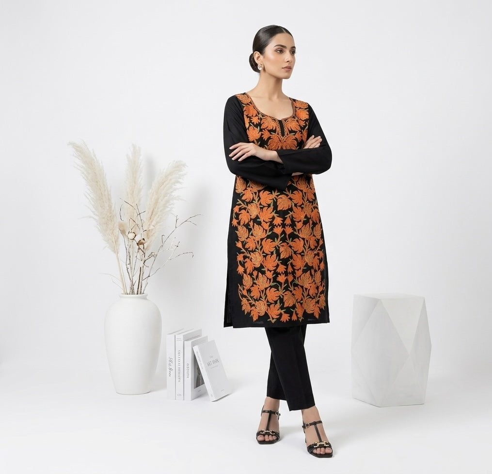 Black Ari Embroidered Kashmiri Cotton Kurta Set