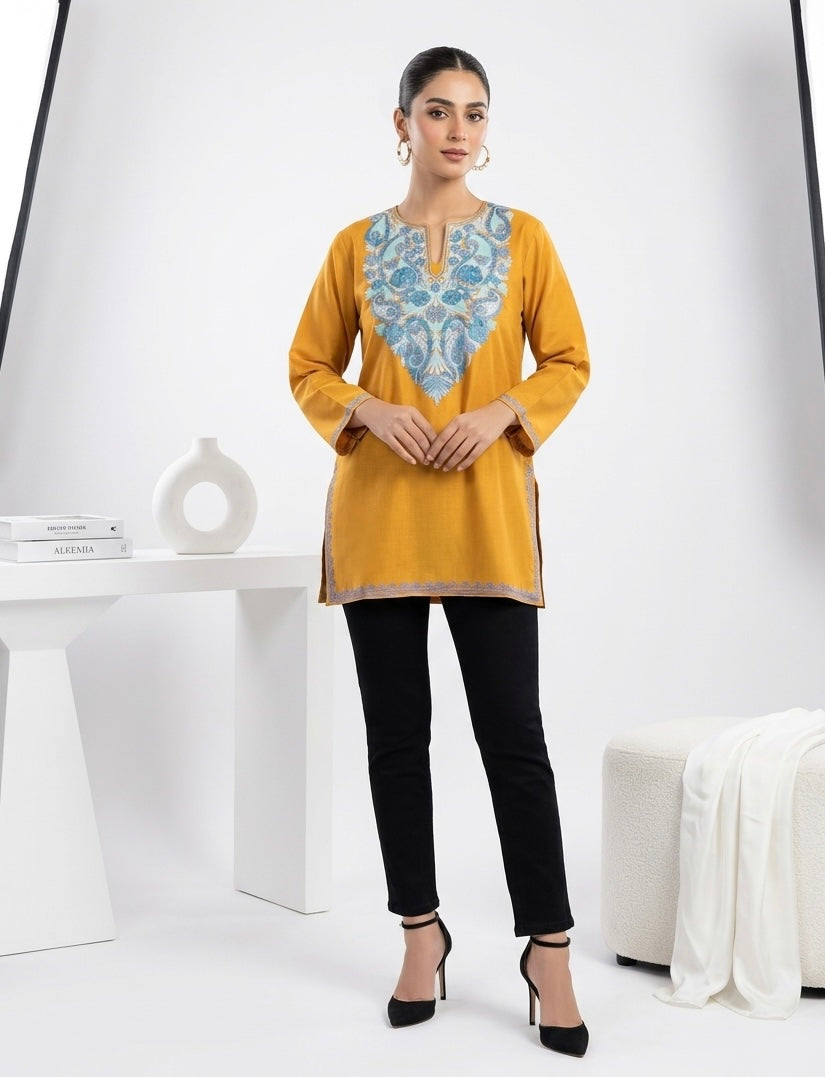 Kashmiri Ari Embroidered Mustard Yellow Short Cotton Kurti