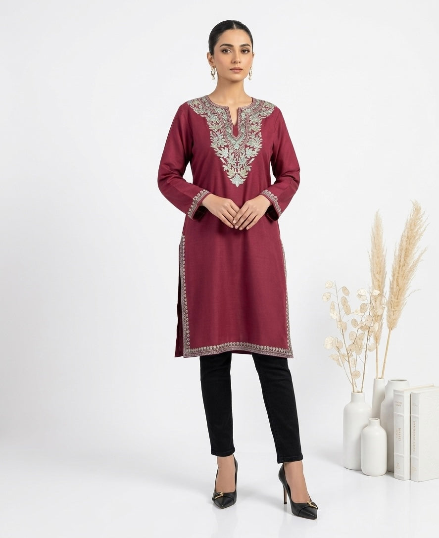 Kashmiri Ari Embroidered Maroon long Cotton kurti