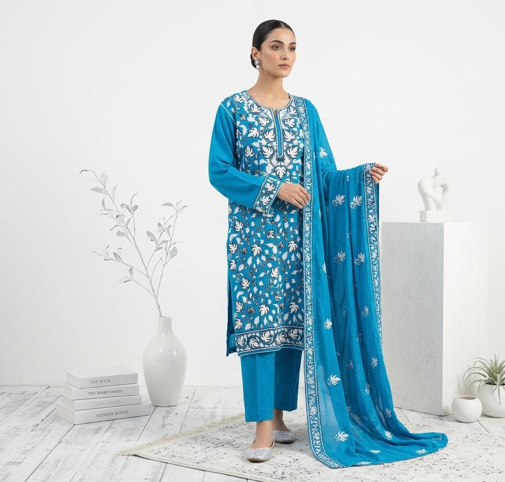 Sky blue Ari Embroidered Kashmiri Cotton suit with dupatta