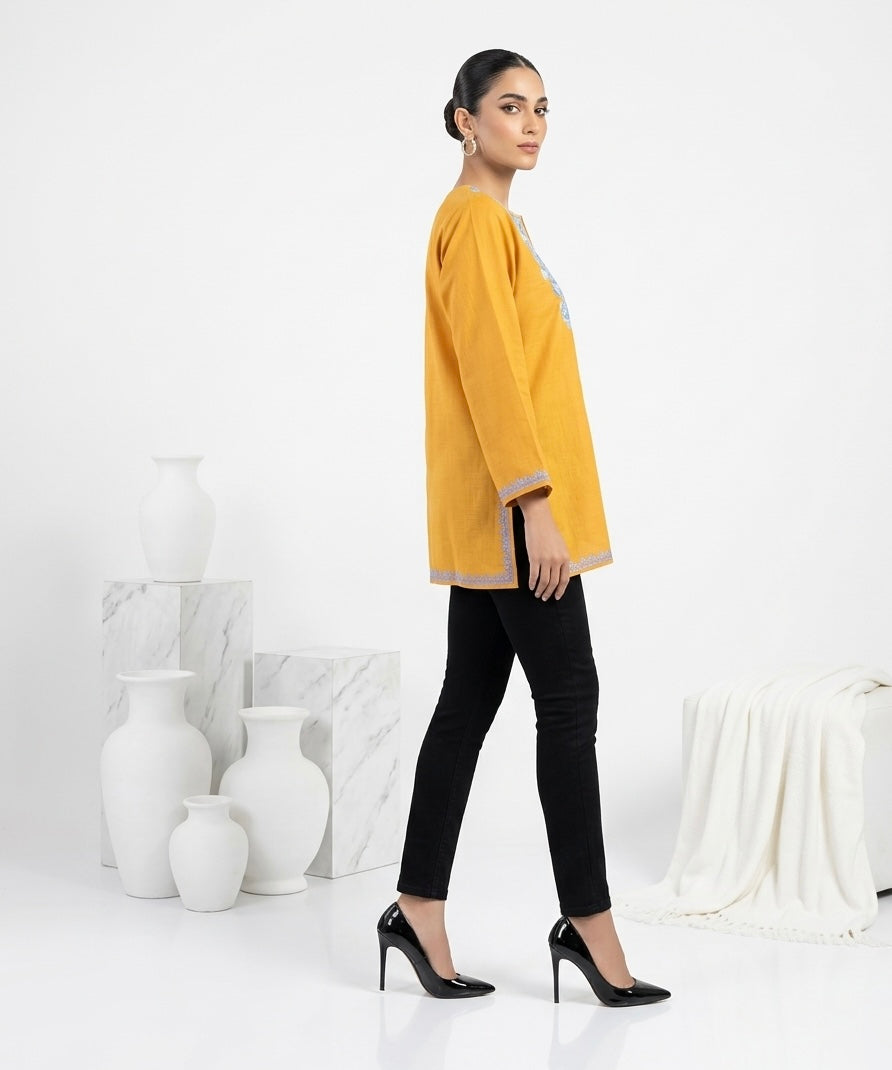 Kashmiri Ari Embroidered Mustard Yellow Short Cotton Kurti