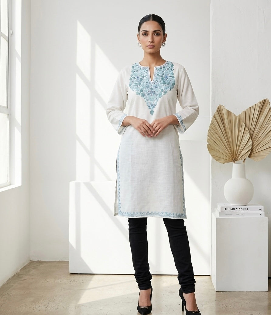 Kashmiri Ari embroidered White long Cotton kurti