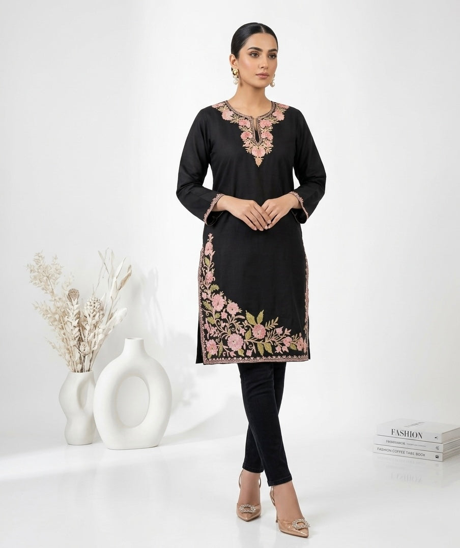 Kashmiri Ari Embroidered black long Cotton kurti