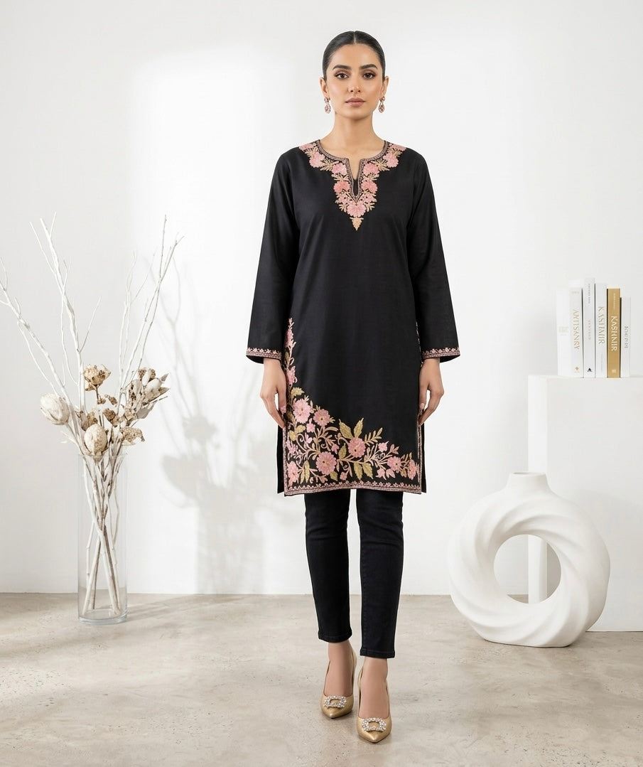 Kashmiri Ari Embroidered black long Cotton kurti