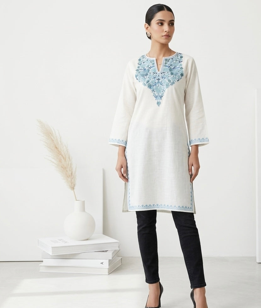 Kashmiri Ari embroidered White long Cotton kurti