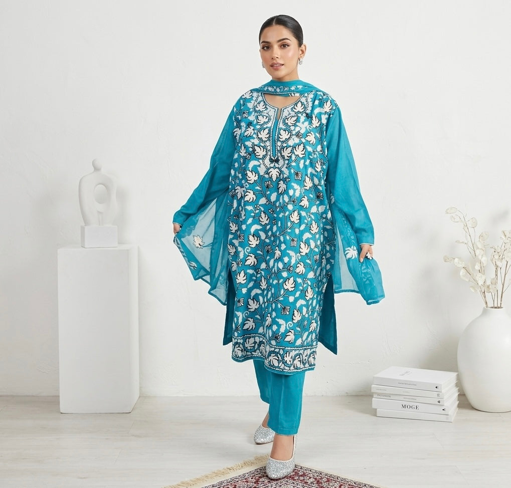 Sky blue Ari Embroidered Kashmiri Cotton suit with dupatta