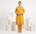 Mustard Kashmiri Ari Embroidered Cotton Kurta Set