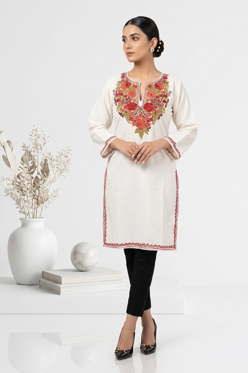 Kashmiri Ari Embroidered White long Cotton kurti