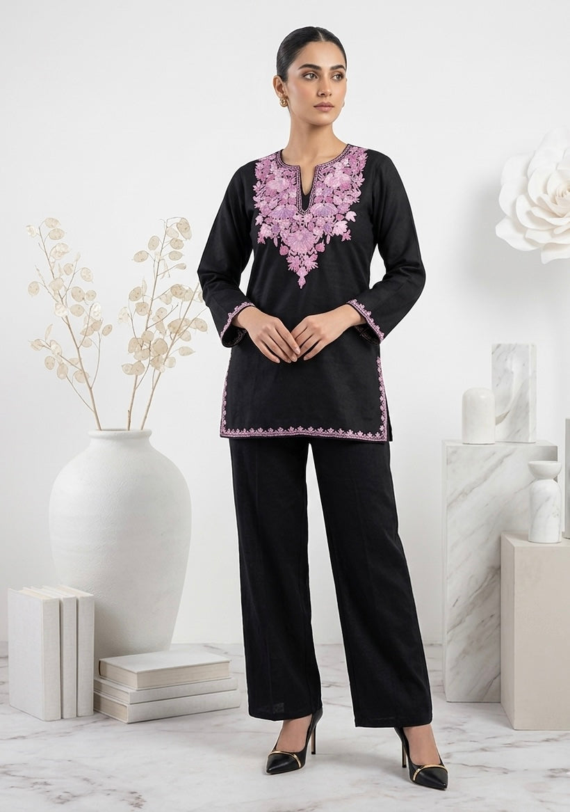 kashmiri Ari Embroidered Black Short Cotton Kurti
