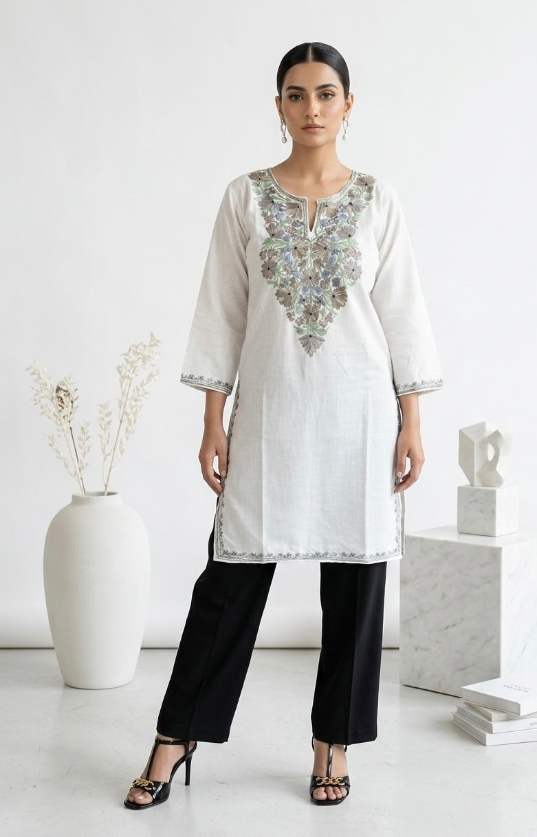 Kashmiri Ari Embroidered white long Cotton kurti