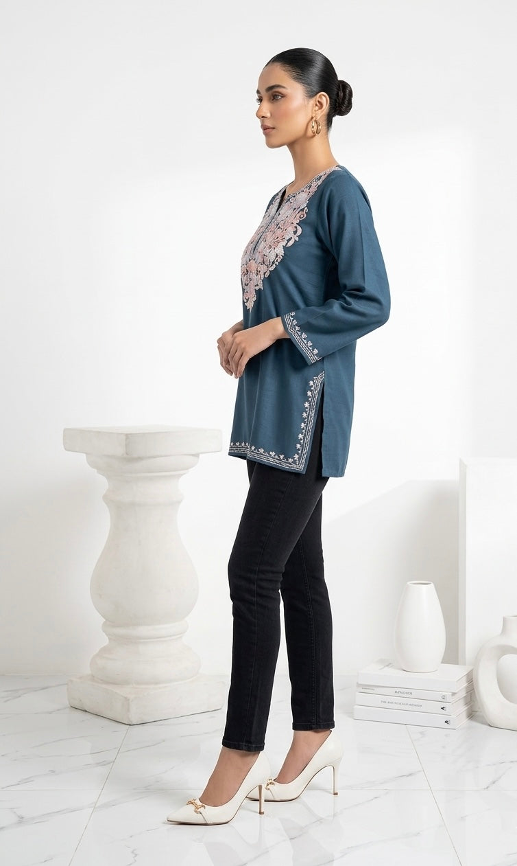 Kashmiri Ari Embroidered blue short Cotton kurti