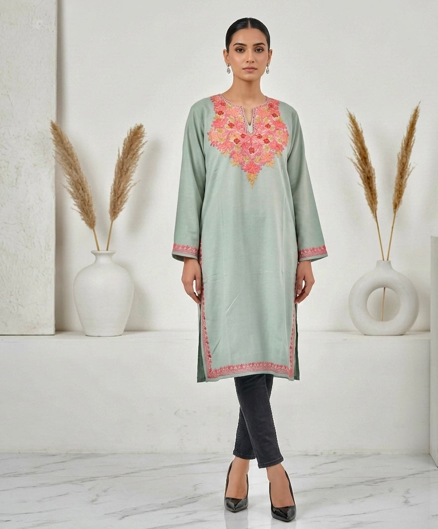 Kashmiri Ari Embroidered Sea Green Long Cotton Kurti