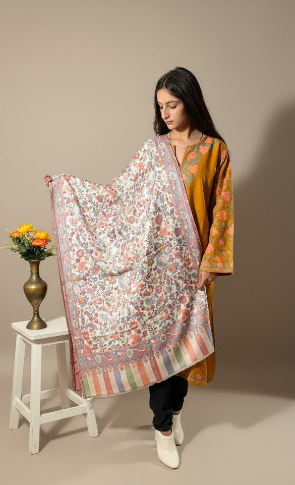 Al-Azhar Kani shawl - Ivory Pastel Garden