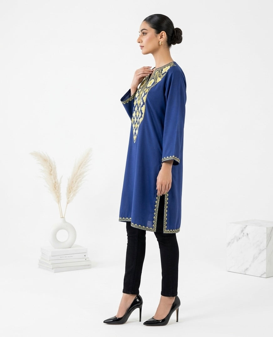 Kashmiri Ari Embroidered light Navy blue long Cotton kurti
