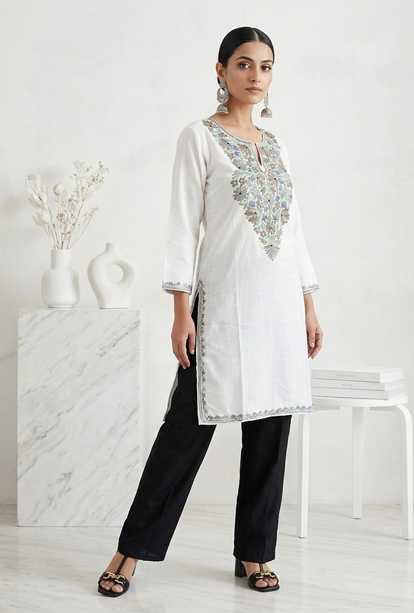 Kashmiri Ari Embroidered white long Cotton kurti