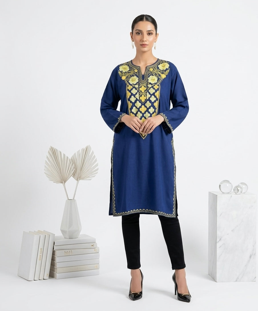 Kashmiri Ari Embroidered light Navy blue long Cotton kurti