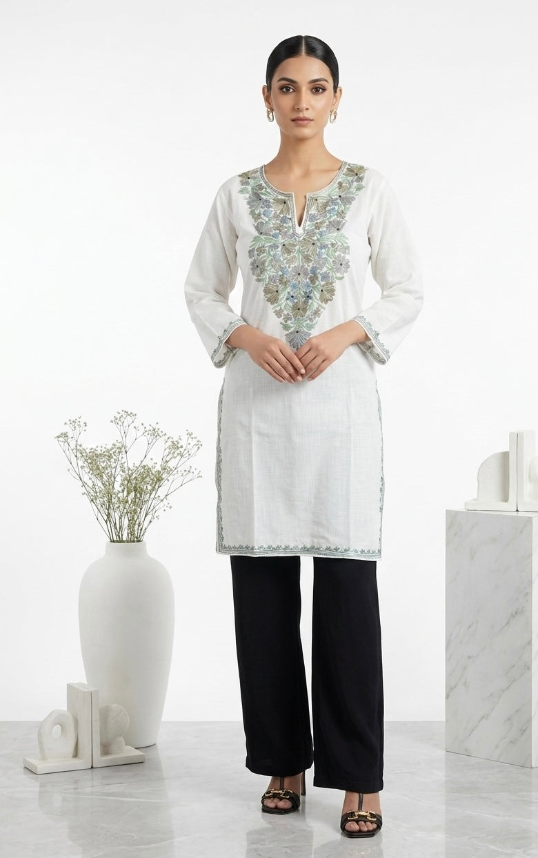 Kashmiri Ari Embroidered white long Cotton kurti
