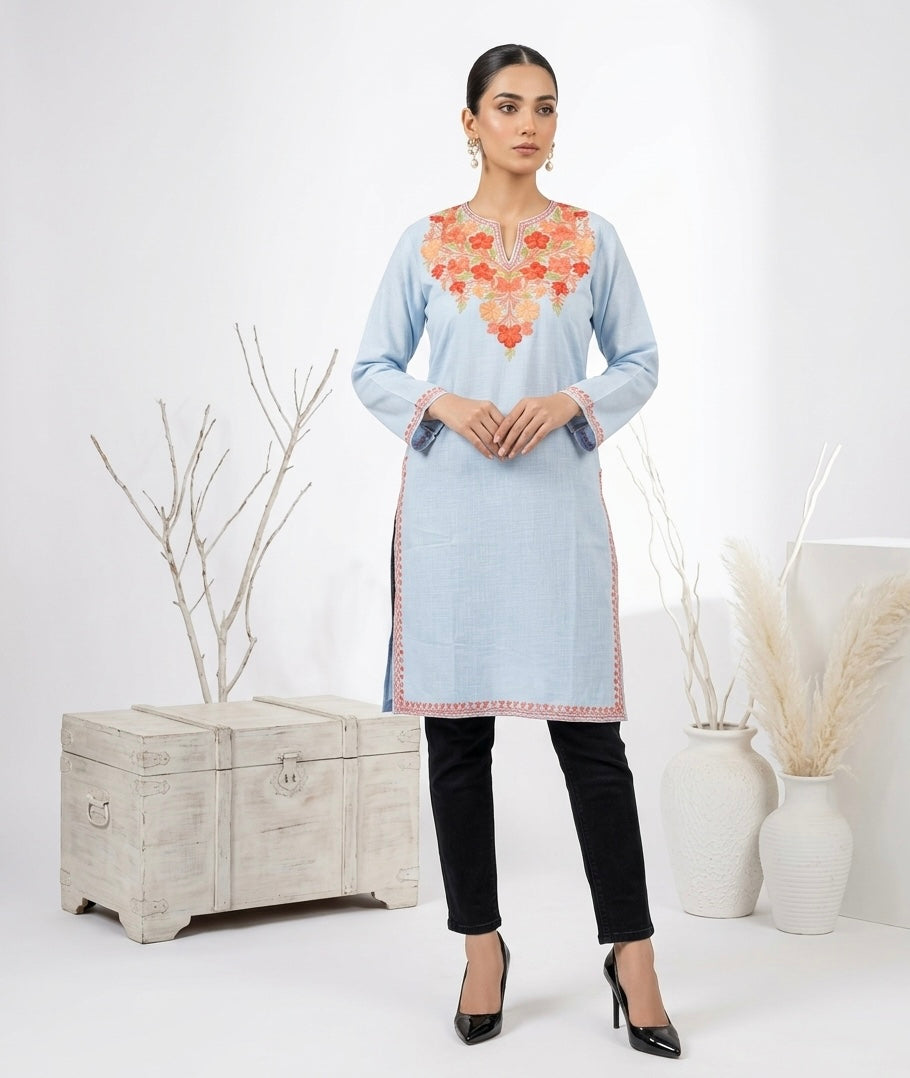 Kashmiri Ari Embroidered light blue long Cotton kurti