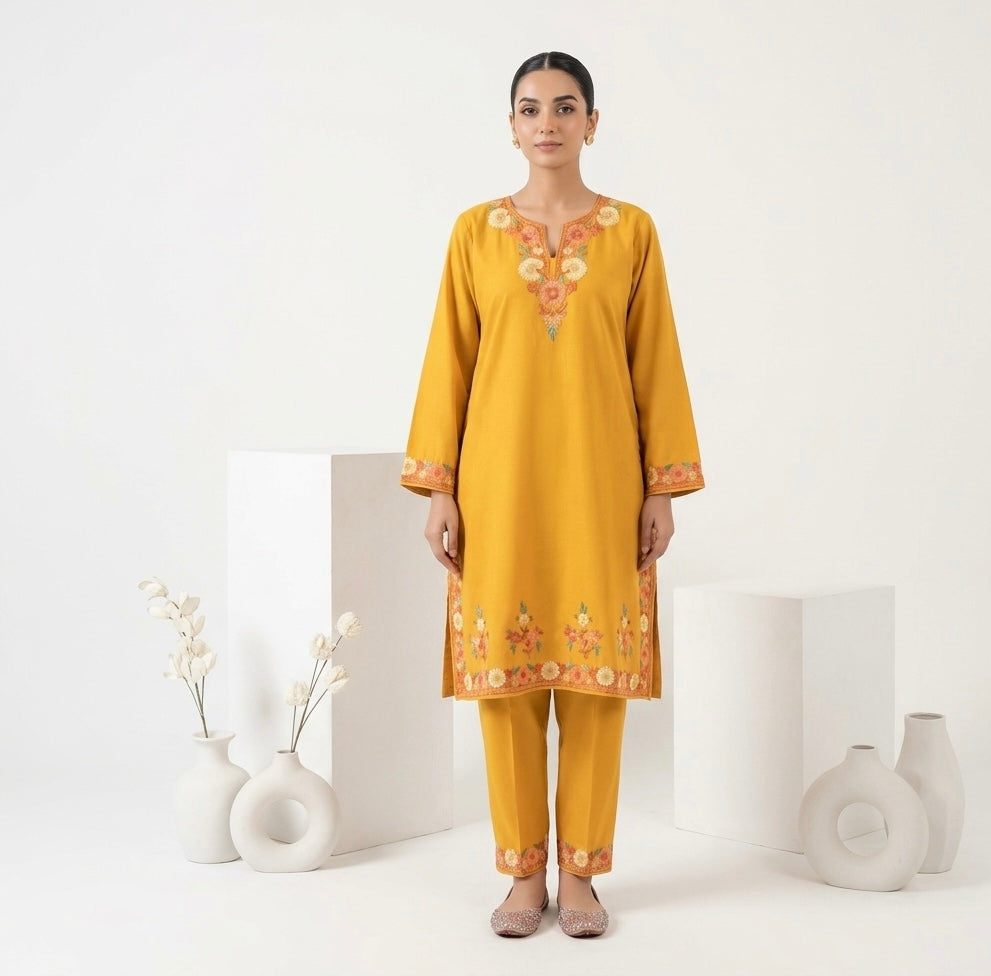 Mustard Kashmiri Ari Embroidered Cotton Kurta Set