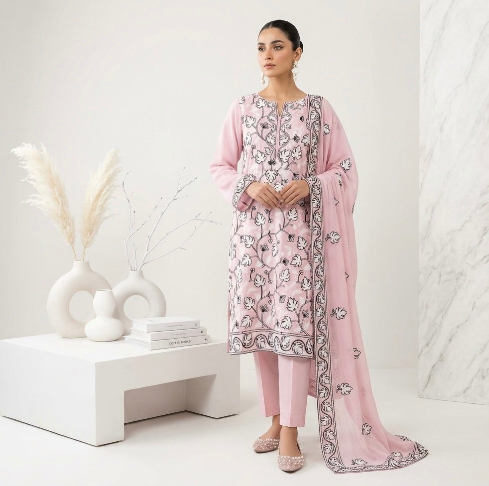 Light Pink Kashmiri Ari Embroidered Cotton Suit with Dupatta
