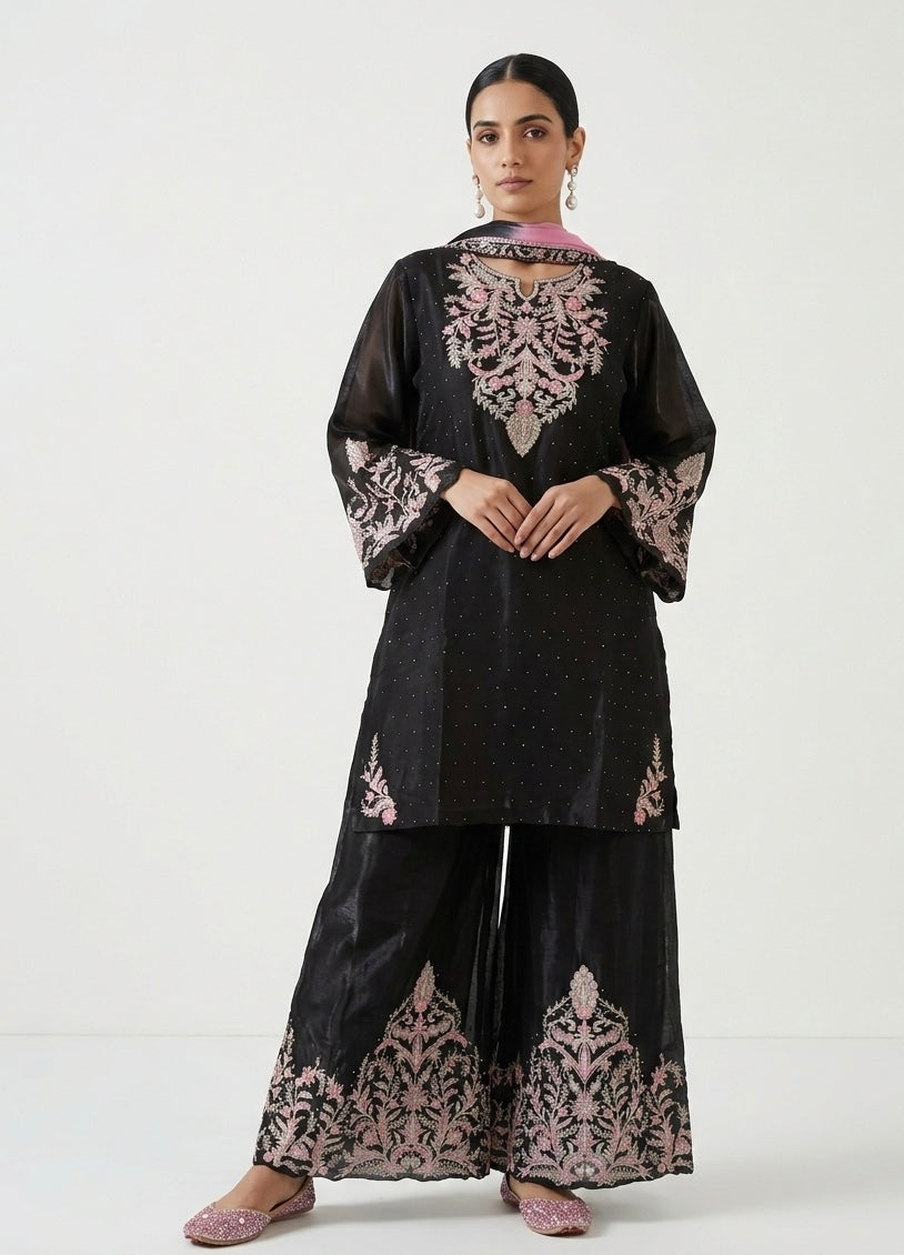 Midnight Black Embroidered Gharara Set with dupatta